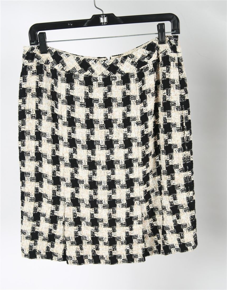 Chanel, Tweed Houndstooth Pencil Skirt: Chanel (French, established 1910). Cotton, polyester, nylon. Silk lining. c. 2000s. Size: 38. Cream, tan, and black tweed pattern pencil skirt. Silk lining.