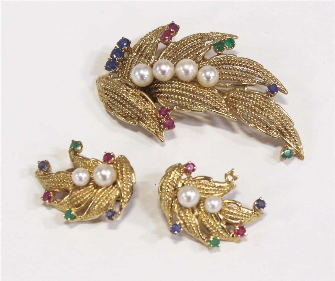 14k Gold, Pearl, and Gemstone Brooch and Earrings (1 of 3)
