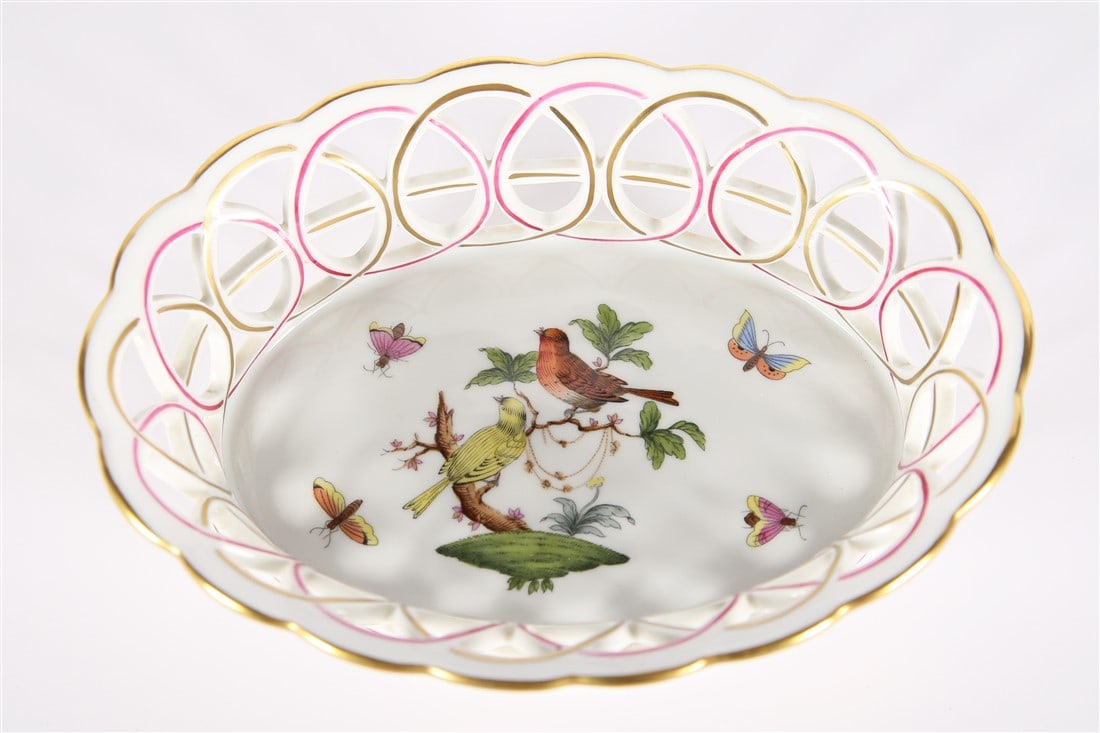 Herend Porcelain, "Rothschild Bird" Oval Basket: Herend Porcelain (Hungarian, established 1826). "Rothschild Bird" pattern oval basket. Porcelain. Height: 2 1/4", Length: 8 1/4", Depth: 6 1/8". Herend porcelain oval open-weave basket in the "Rothsch