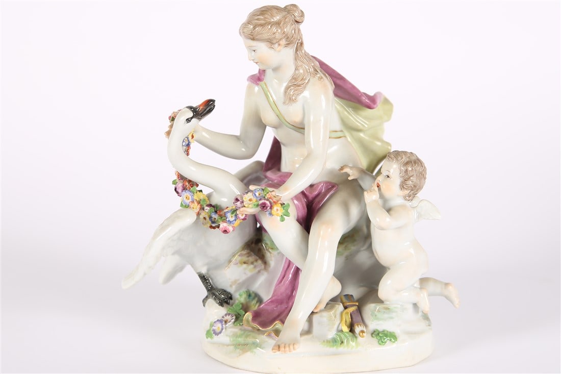 Meissen, "Leda and the Swan" Figurine: Meissen (German, established 1710). "Leda with Swan". Porcelain, c. 1850-1925. Model: 433. Designed by Johann Joachim Kaendler. Height: 7 1/8", Length: 7", Depth: 5 1/4". Meissen porcelain figurine de
