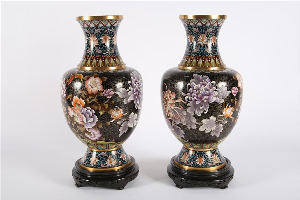Pair of Chinese Cloisonne Urns with Bases (1 of 4)