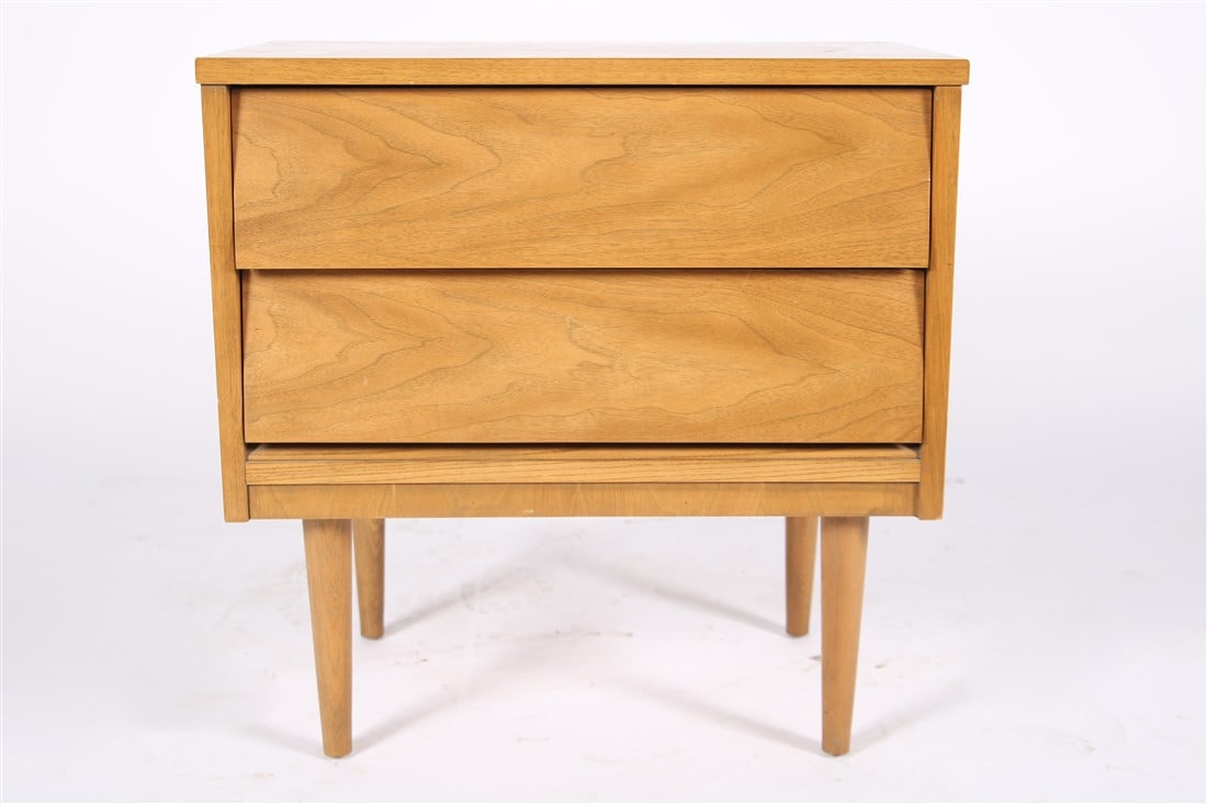 Robinson Furniture, Nightstand Commode: Robinson Furniture (American, 1953-1968). Wood. Height: 24 1/4", Length: 24", Depth: 14". Two-drawer wood nightstand or commode by Robinson Furniture. Company tag in drawer. Stamp to reverse.