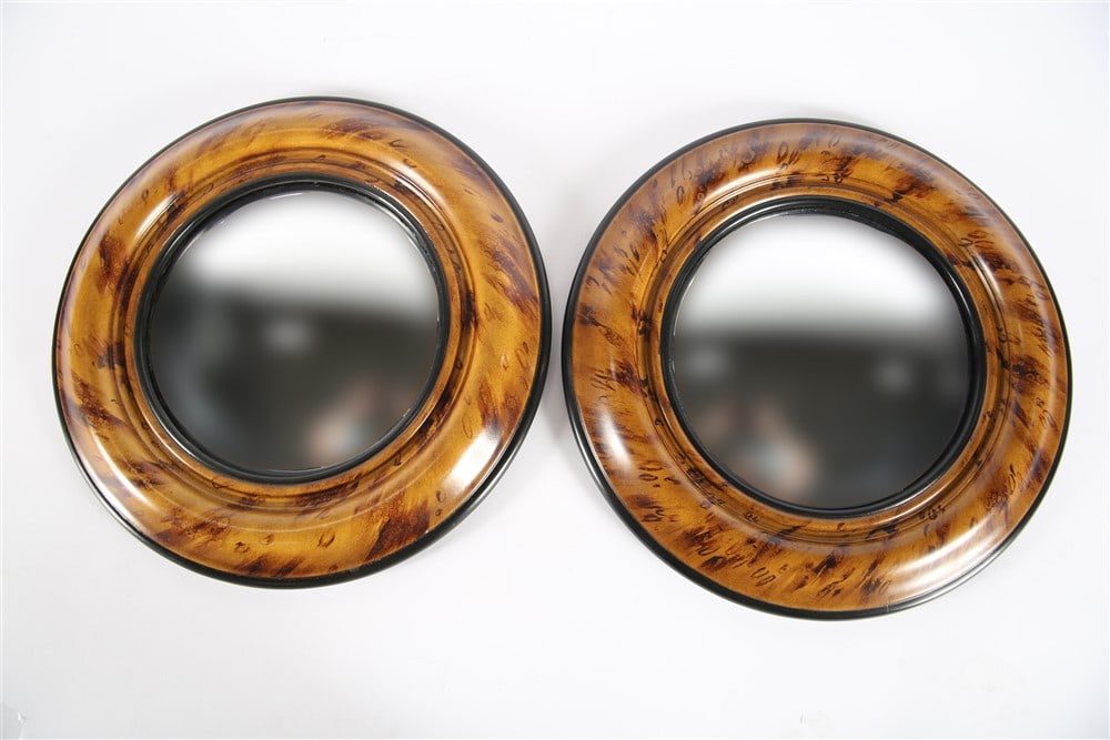 Pair of Contemporary Convex Regency Style Mirrors: For Perlmutter-Freiwald. Composite, glass. Diameter: 16". Pair of tortoiseshell design painted contemporary Regency style round convex mirrors.