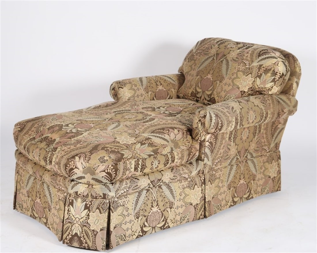 For Perlmutter-Freiwald, Floral Upholstered Chaise: For Perlmutter-Freiwald. Upholstery, wood. Height: 32 1/2", Length: 35", Depth: 59". Floral upholstered chaise lounge. With Perlmutter-Freiwald tag to the seat.