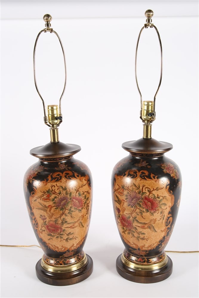Frederick Cooper, Pair of Asian Style Urn Lamps: Frederick Cooper. Ceramic, wood, metal. Height (with harp): 31 3/4", Diameter: 8". Pair of Asian style ceramic urn lamps with flower and hummingbird motifs. Functional.