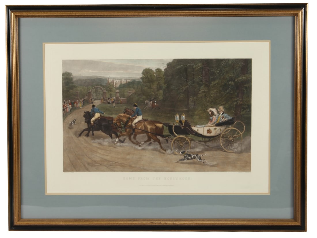 Waller/Hester, "Home from the Honeymoon" Engraving: Painted by S.E. Waller, engraved by E. Gilbert Hester. "Home from the Honeymoon". Engraving. Published by Dowdeswell and Dowdeswelles. Sight: 23 3/4" x 35". Frame: 36" x 47 1/2". Hand-colored engravin
