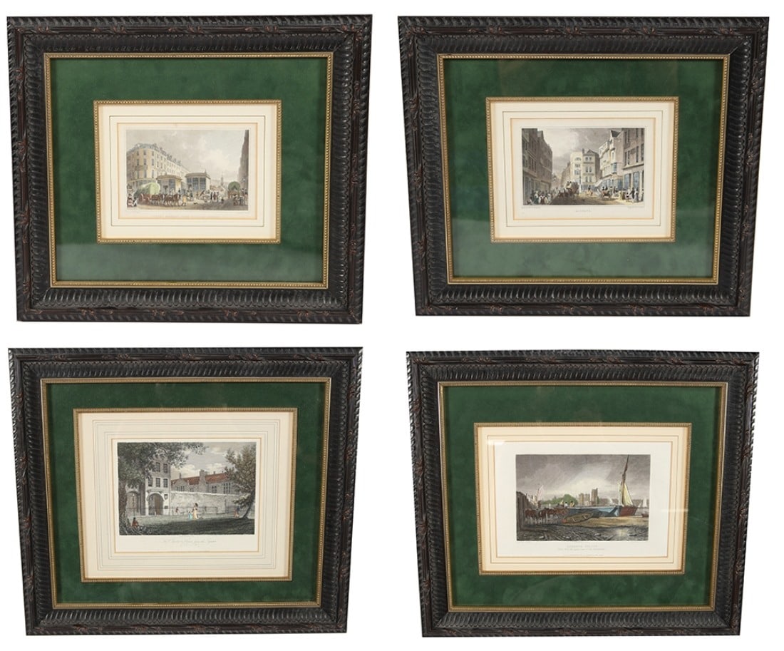 Four Green Framed Hand-Colored Engravings (1 of 9)