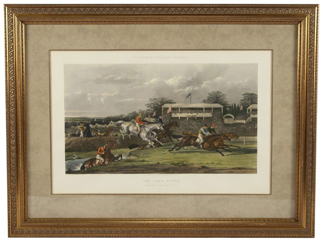 Neville/Summers, "The Last Ditch" Engraving: Painted by A.W. Neville, engraved by W. Summers. "The Last Ditch (Difficulty, Danger and Doubt)" from the "McQueen's Steeple Chasing" suite. Engraving. Published by J. McQueen. Sight: 22 1/2" x 34 1/4