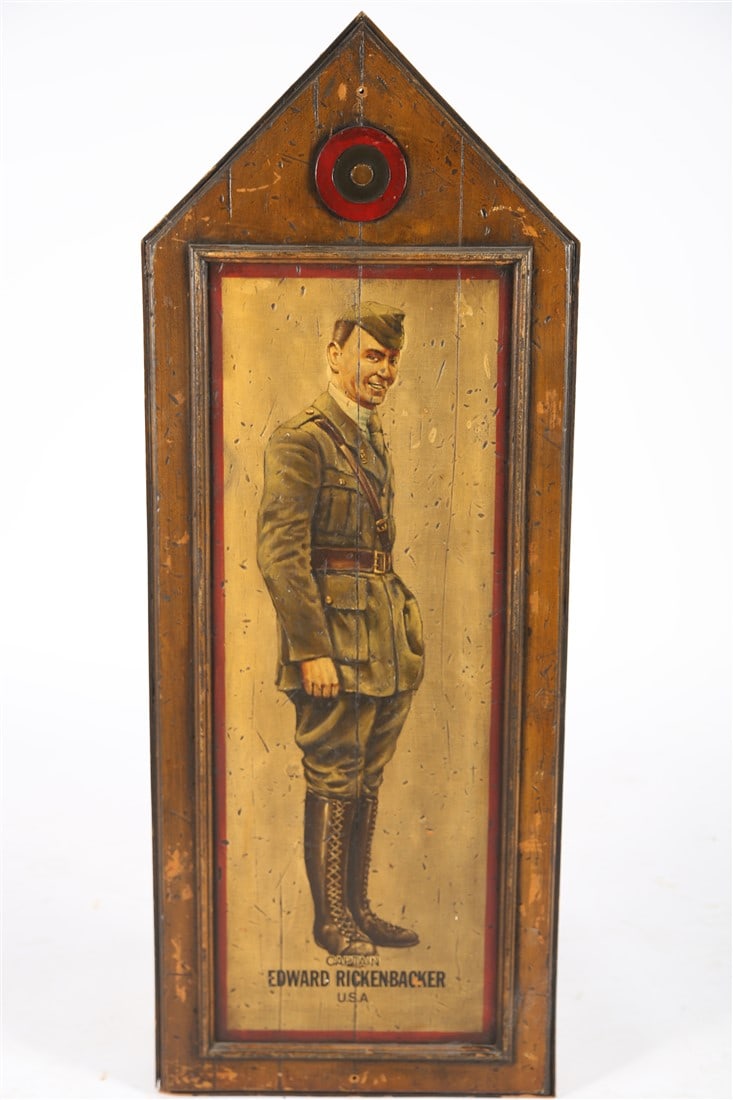 "Rickenbacker / Guynemer" Painted WWI Panels: Painted wood. 48" x 18 1/4". Painted wood panels depicting World War I flying ace soldiers. One panel with Captain Edward Rickenbacker of the USA on one side, and Capitaine Georges Guynemer of France 