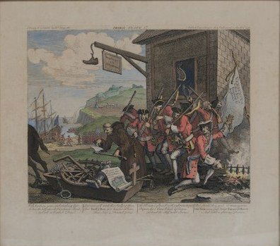 William Hogarth (1697-1764), "France Plate 1": William Hogarth (British, 1697-1764). "France Plate 1". Hand colored engraving. 12 1/4" x 15 1/4".