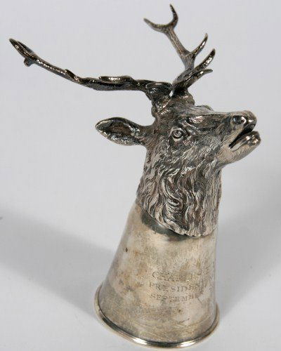 Sterling Silver Stag Form Stirrup Cup, 10 Ozt.: Sterling silver stag form stirrup cup. German, 20th century. Retailed by Tiffany and Company. Engraved. Height 5 3/4". 10 troy ounces.