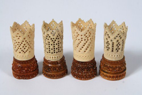 Four Carved Ivory Egg Cups, Asian, Early 20th C.: Four carved ivory egg cups. Asian, early 20th century. Height 3". *Please note that ivory cannot be shipped outside of the United States.