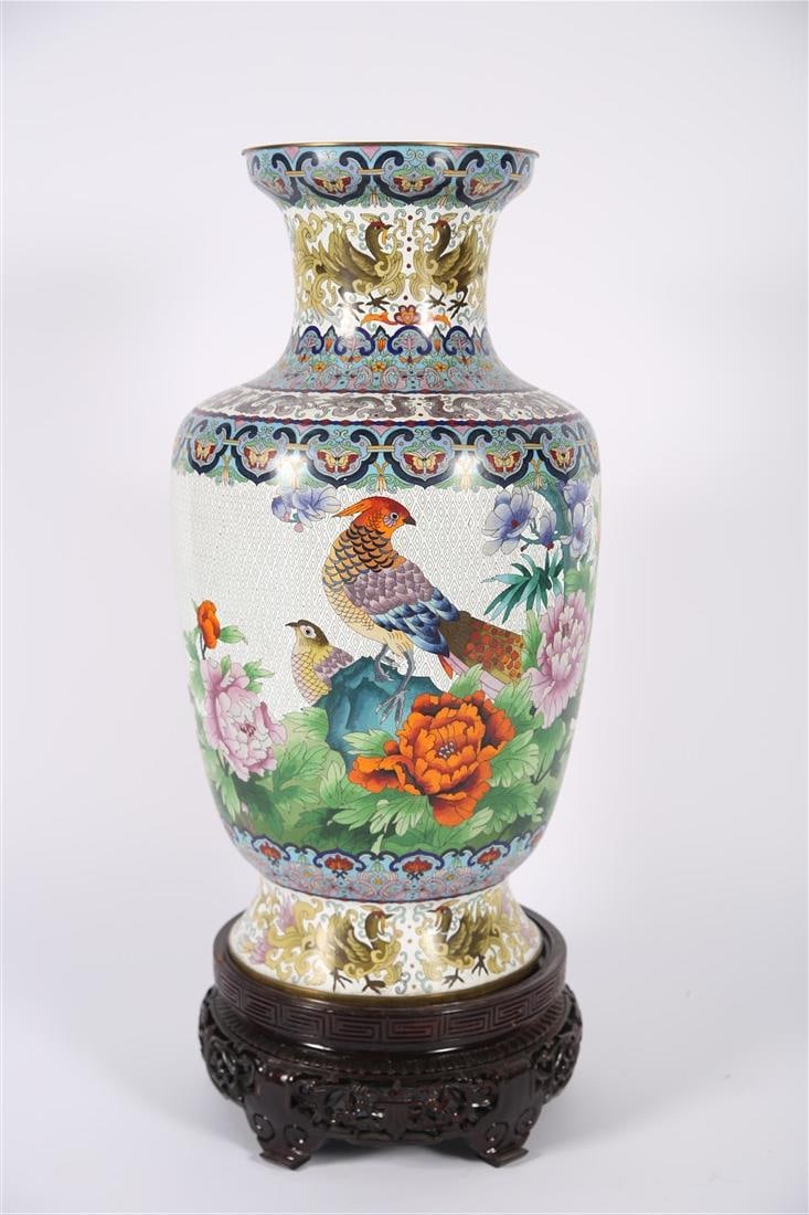 Large Asian Cloisonne Bird Motif Vase (1 of 3)