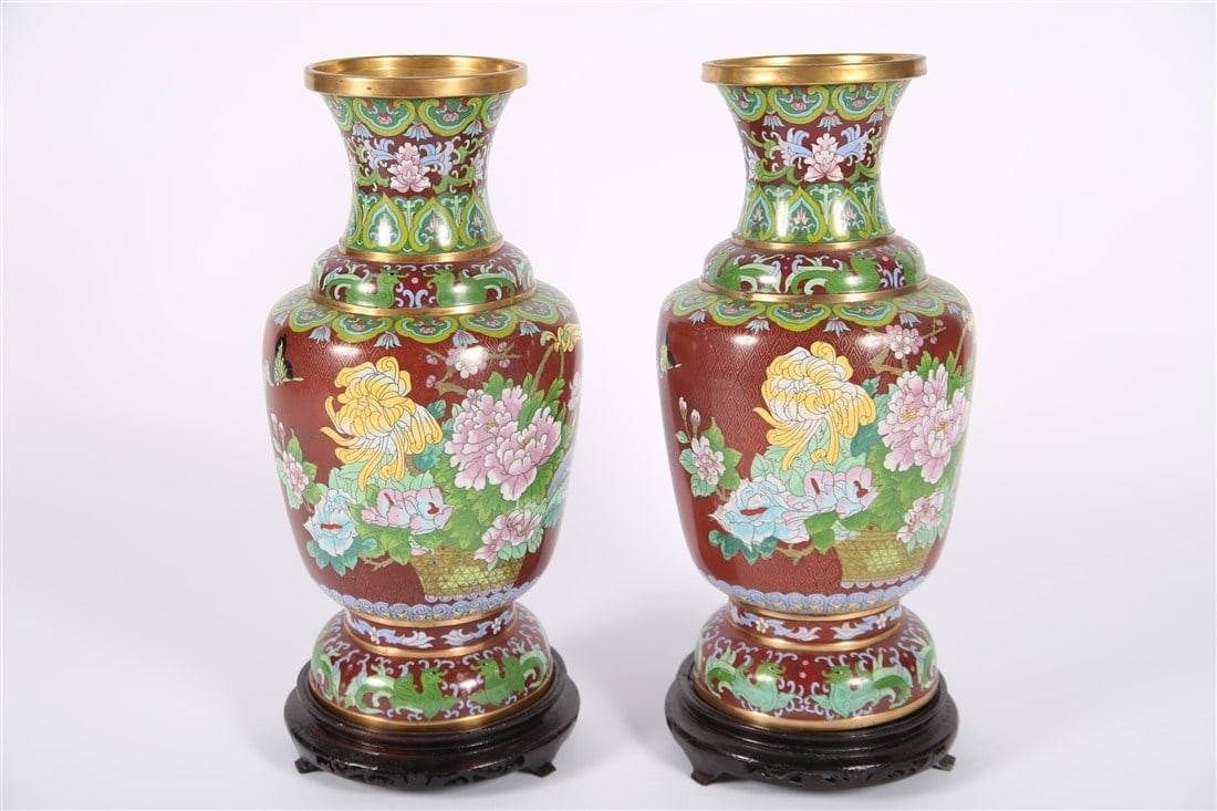 Pair of Burgundy Ground Asian Cloisonne Vases (1 of 4)