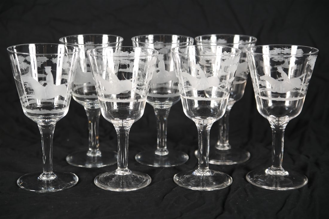 Set of Seven Etched Fox Hunt Water Goblets (1 of 3)