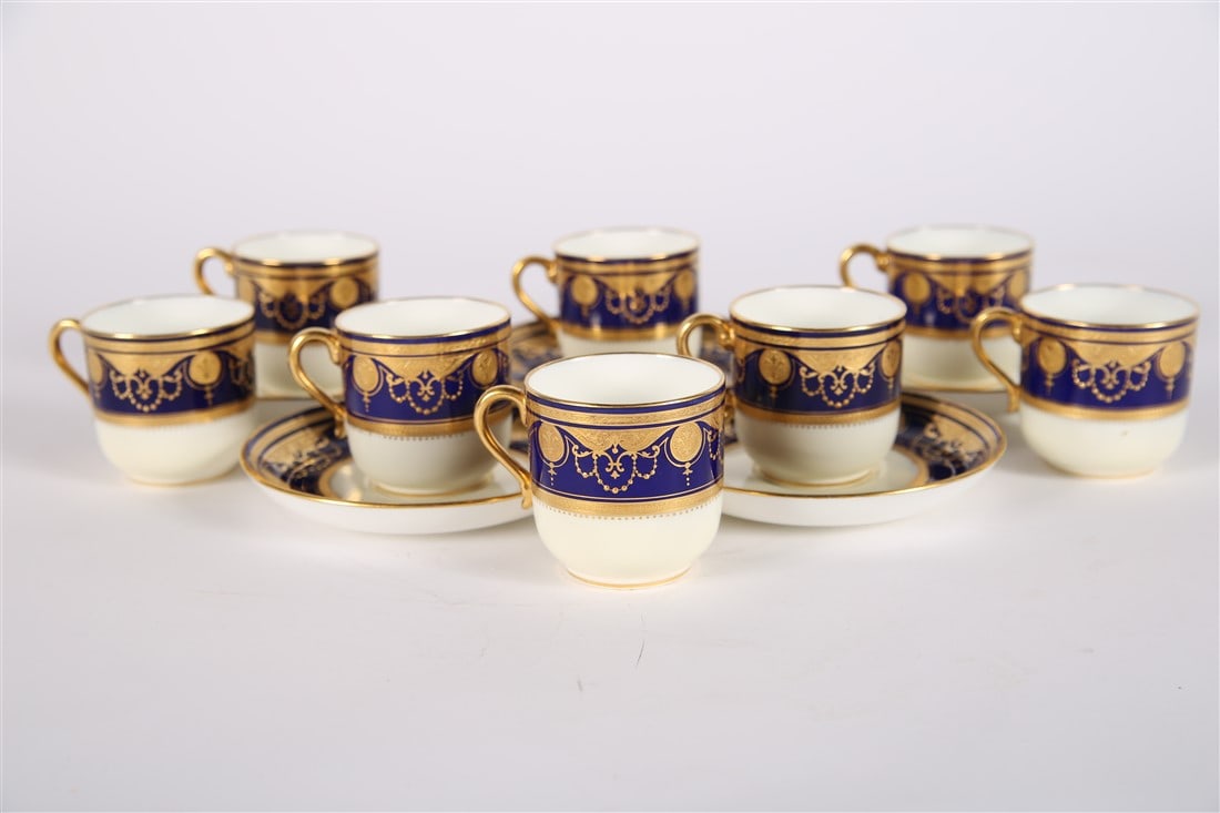 Mintons for Tiffany and Co., Gilt Cups and Saucers: Tiffany and Co. (American, established 1837). Porcelain. Produced by Mintons. Cups: Height: 2 1/4". Saucers: Diameter: 5". Collection of five (5) saucers and eight (8) cups with a cobalt blue and gilt