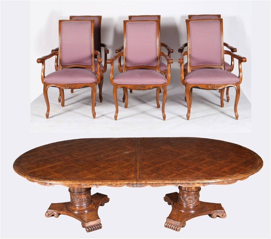 Double Pedestal Dining Table and Chairs: Wood. Table: Height: 31", Length: 108" approx., Depth: 59", Leaf: Length: 30". Chairs: Height: 40 1/4", Length: 27 1/4", Depth: 24", Seat Height: 18 1/2". Wood double pedestal dining table with leaf a