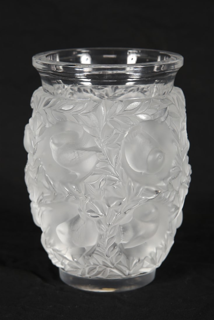 Lalique, "Bagatelle" Frosted Crystal Vase: Lalique (French, established 1888). "Bagatelle" vase. Frosted crystal. Height: 6 3/4", Diameter: 5 1/4". Frosted crystal "Bagatelle" vase by Lalique featuring sparrows. Etched signature to the undersi