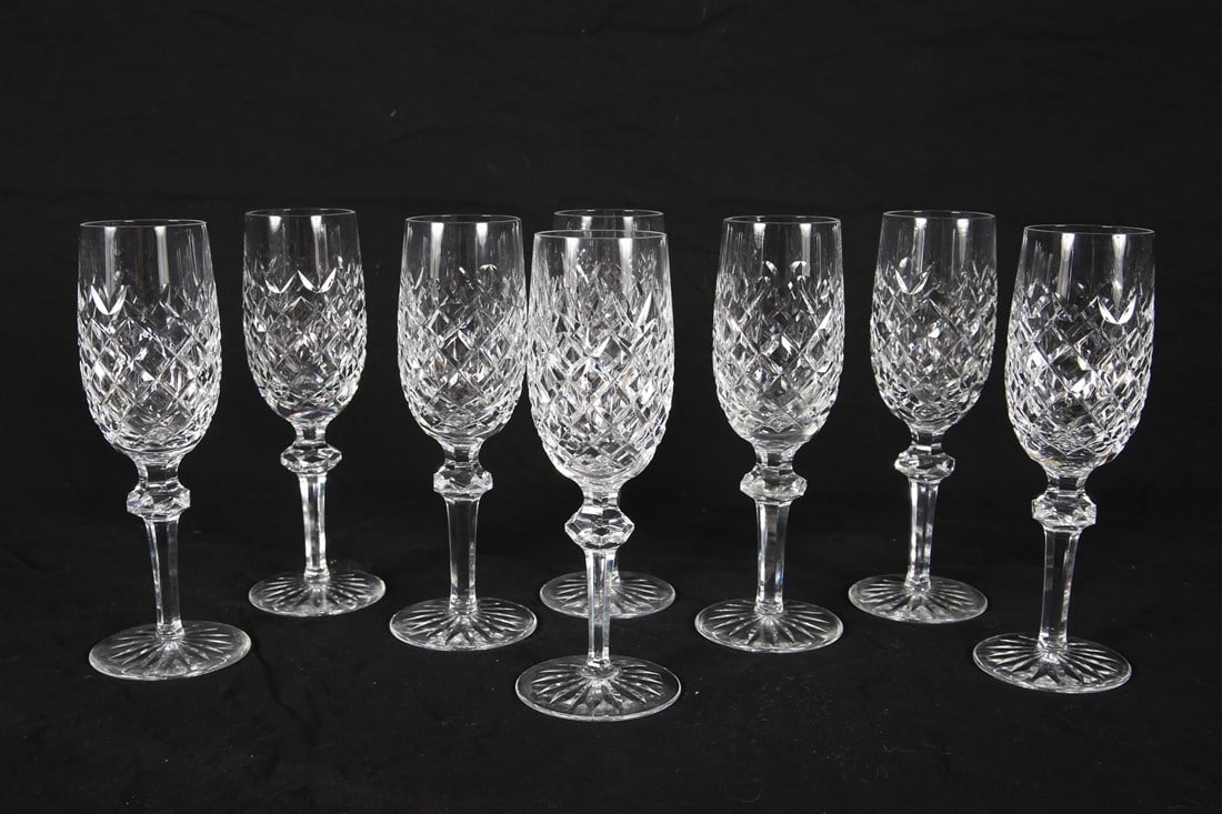 Waterford, "Powerscourt" Eight Champagne Glasses: Waterford (Irish, established 1783). "Comeraugh" fluted champagne glasses. Crystal. Height: 8 1/8". Collection of eight fluted champagne glasses in the "Comeraugh" pattern. Etched Waterford insignia t