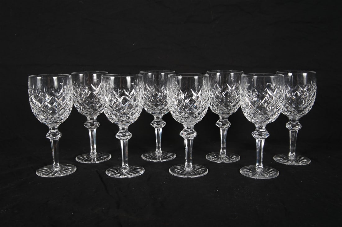 Waterford, "Powerscourt" Eight Water Goblets: Waterford (Irish, established 1783). "Comeraugh" water goblets. Crystal. Height: 7 5/8". Collection of eight water goblets in the "Comeraugh" pattern. Etched Waterford insignia to the undersides.