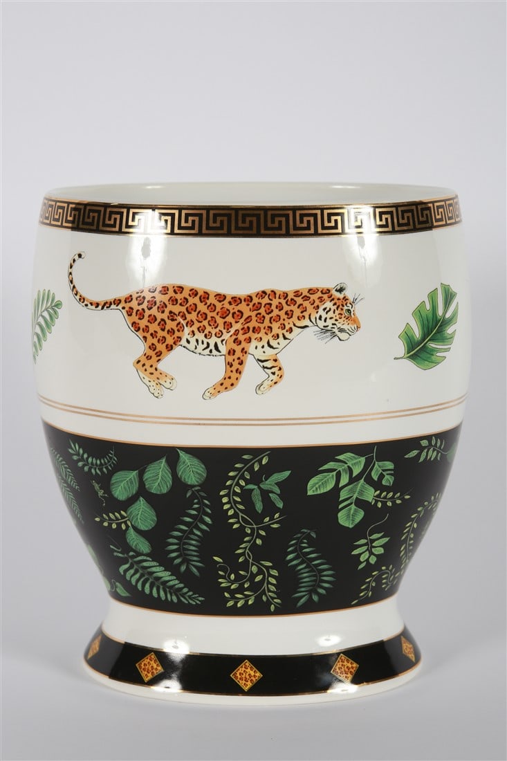 Lynn Chase, "Jaguar Jungle" Wastebasket: Lynn Chase Designs (20th century). "Jaguar Jungle" wastebasket. Porcelain. Height: 10", Length: 8 1/2", Depth: 7 1/2". Porcelain "Jaguar Jungle" patterned wastebasket by Lynn Chase. With Lynn Chase in