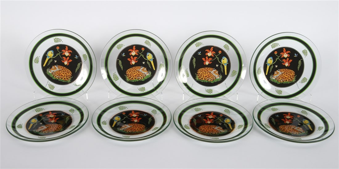 Lynn Chase, Eight "Jaguar Jungle" Glass Plates: Lynn Chase Designs (20th century). "Jaguar Jungle" dessert plates. Glass. Diameter: 8 3/4". Set of eight (8) glass dessert plates decorated with a tiger and "Jaguar Jungle" patterning. This set includ