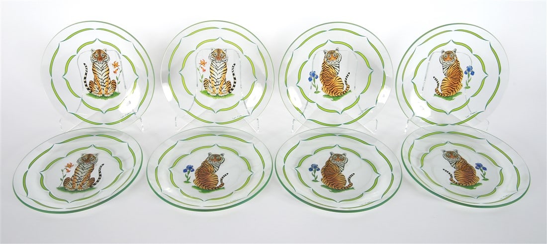 Lynn Chase, Set of "Tiger Raj" Glass Canape Plates: Lynn Chase Designs (20th century). "Tiger Raj" canape plates. Glass. Diameter: 7". Set of eight (8) glass dessert canape plates decorated with a tiger and green banding.