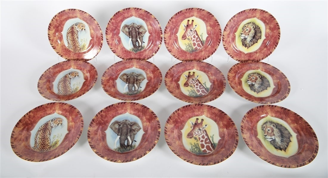 Lynn Chase, Twelve "African Portraits" Plates: Lynn Chase Designs (20th century). "African Portraits" plates. Porcelain. Diameter: 9 1/8". Set of twelve (12) porcelain plates by Lynn Chase depicting various animals. This set includes: three (3) ch