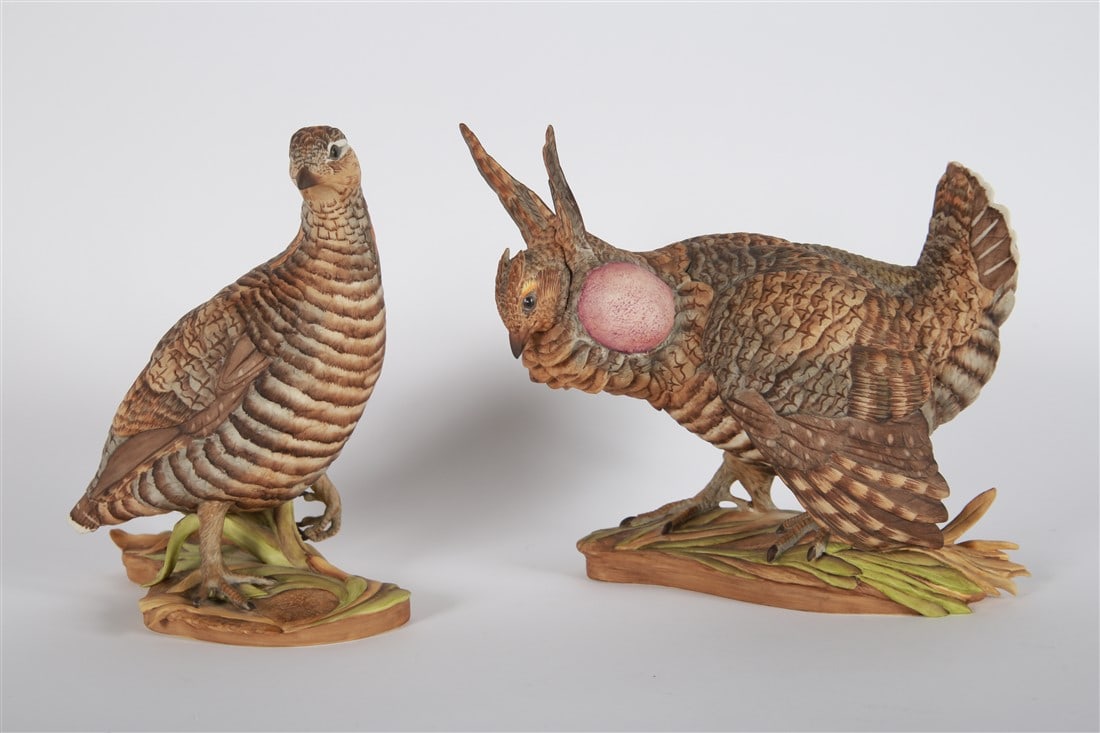 Boehm, Pair of "Lesser Prairie Chickens" Figures: Boehm Porcelain Company (American). "Lesser Prairie Chickens". Porcelain. Model: 464G. 1: Height: 10 1/8", Length: 9", Depth: 6". 2: Height: 9 3/4", Length: 12", Depth: 8 1/2". Two porcelain Lesser Pr