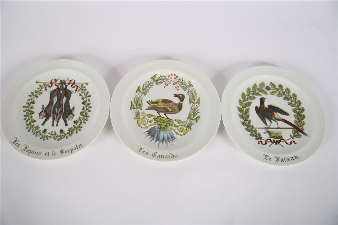 Porcelaine d’Auteuil, Three "Chambord" Plates: Porcelaine d'Auteuil (French). From the "Chambord" collection. Ceramic. Diameter: 9 1/2". Collection of three decorative plates by Porcelaine d'Auteuil. Includes "Le Faisan", "Les Canards", and "Les L