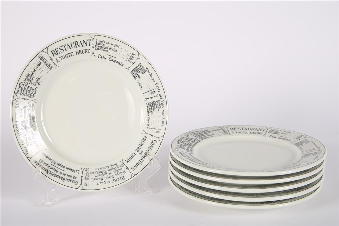 Pillivuyt, Set of Six "Brasserie" Plates: Pillivuyt (French, established 1818). "Brasserie" plates. Ceramic. Diameter: 9". Set of six (6) plates in the "Brasserie" pattern by Pillivuyt. French bistro writing around the rim of the plate.