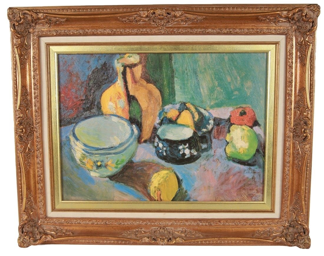 After Matisse, "Dishes and Fruit" Giclee on Board: After Henri Matisse. "Dishes and Fruit". Giclee on board. Sight: 15 1/2" x 21 1/2". Frame: 25 1/4" x 31 1/4". Reproduction Henri Matisse giclee on board post-Impressionist style still life depicting a