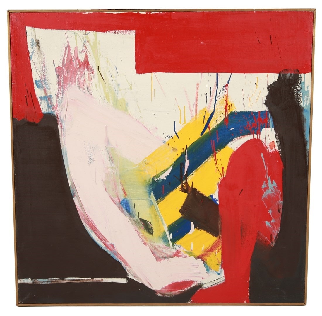 Wook-kyung Choi, "The War in Past Memory": Wook-kyung Choi (Korean, 1940-1985). "The War in Past Memory". Oil on canvas, 1964. Sight: 34" x 34". Frame: 34 5/8" x 34 5/8". Oil on canvas abstract composition by Korean artist Wook-kyung Choi. Lab