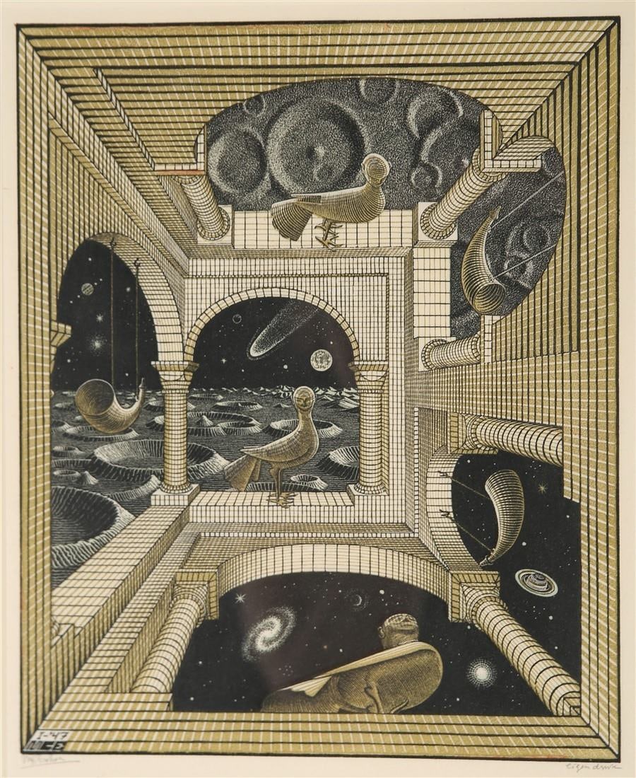 M.C. Escher, "Other World" Signed Woodblock: Maurits Cornelis Escher [M.C. Escher] (Dutch, 1898-1972). "Other World". Woodblock print, 1947. Edition: eigen druck. Sight: 13" x 10 3/4". Frame: 19" x 16". Woodcut by M.C. Escher depicting a paradox