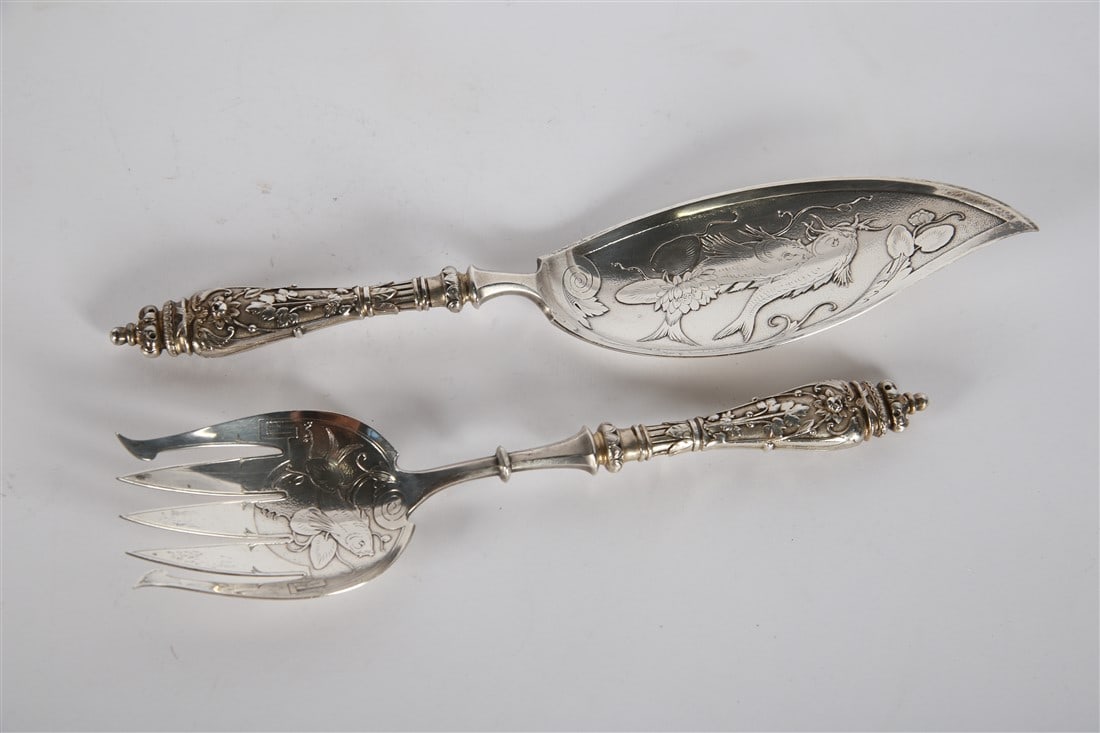 Tiffany and Co., Pair of Fish Serving Pieces: Tiffany and Company (American, established 1837). Sterling silver. Knife: 12 1/4". Fork: 10 1/2". Total weight: 9.960 ozt. Pair of sterling silver fish serving pieces by Tiffany and Co. Both pieces di
