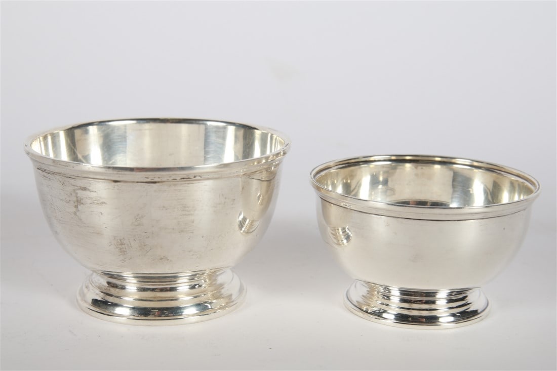 Ensko, Two Sterling Silver Bowls: Ensko (American, 20th century). Sterling silver. Taller bowl: Height: 2 3/4", Diameter: 4 1/2". Shorter bowl: Height: 2 1/4", Diameter: 3 7/8". Total weight: 10.595 ozt. Two sterling silver nesting bo