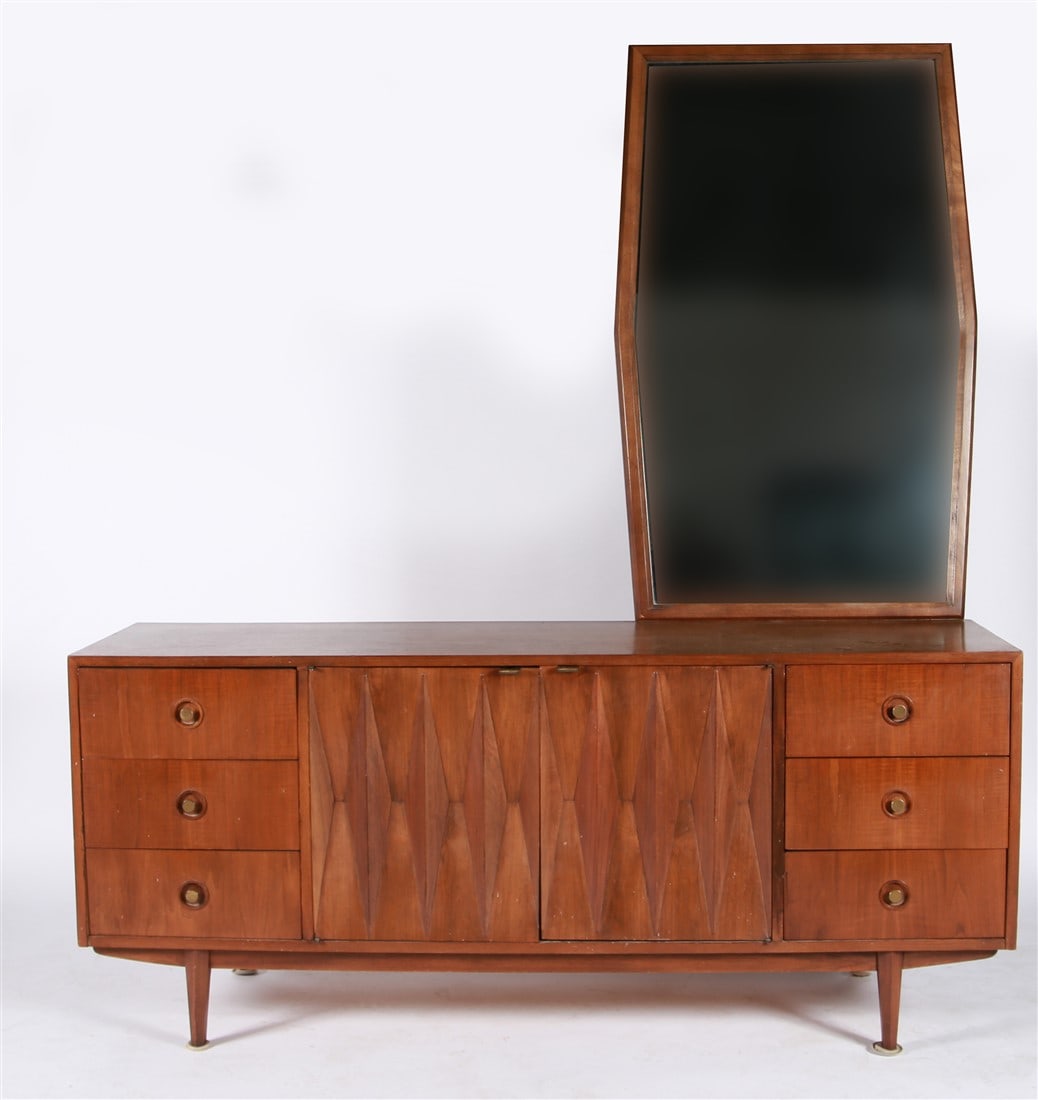 American of Martinsville, Credenza with Mirror: Albert Pavin. Wood, brass, glass. Model 6156. Manufactured by American of Martinsville. Height: 30", Length: 70", Depth: 18 1/2". Mirror: 48" x 31". American of Martinsville credenza/dresser with mirr