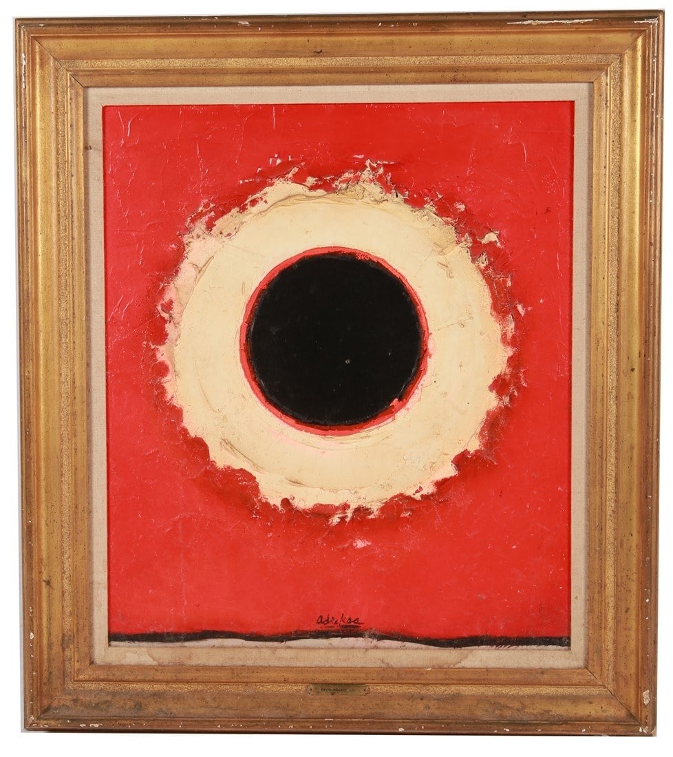 David Adickes (American), Oil on Canvas Abstract: David Adickes (American, b. 1927). Oil on canvas. Sight: 27 1/4" x 23 1/4". Frame: 36" x 31 3/4". Oil on canvas abstract composition depicting a large red field with central black circle. Signed to th