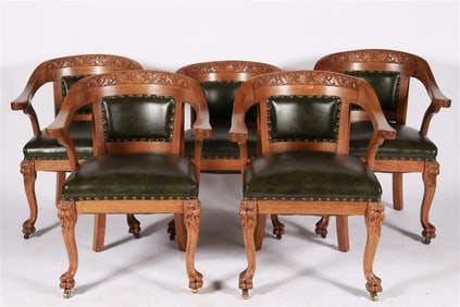 Set of Five Carved Oak and Leather Chairs