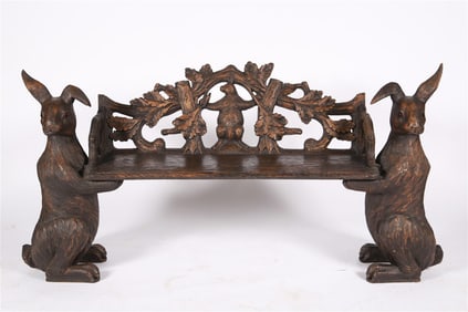 German Black Forest Style Carved Rabbit Bench