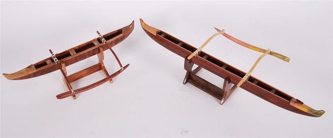 Two Wooden Hawaiian Outrigger Canoe Models