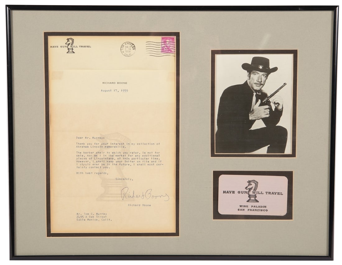 Richard Boone 1959 Signed Letter Collage: Paper, photograph. Sight: 11 1/2" x 13 3/4". Frame: 14 1/4" x 18 1/4". Framed collection of memorabilia regarding Richard Boone, American Western actor. Collection includes a signed letter from 1959 f
