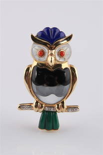 Asch Grossbardt, 14k Yellow Gold Owl Brooch: Asch Grossbardt (American). "Owl" brooch. 14k yellow gold, semi-precious stones, diamonds. 1 3/4" x 1". Weight: 15g. 14k yellow gold owl brooch with diamond chips, lapis lazuli, mother-of-pearl, malac