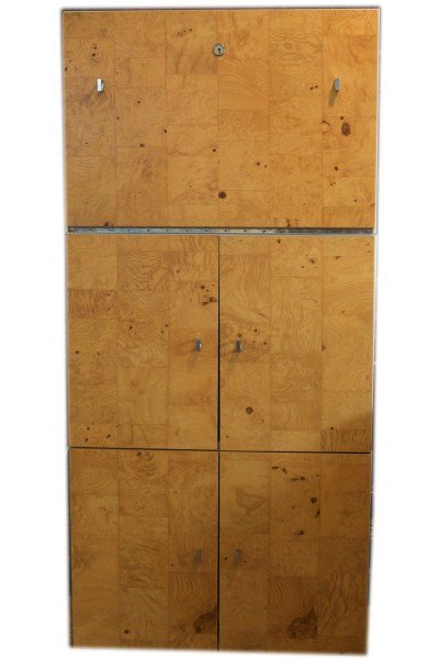 Contemporary 3 Section Stacking Cabinet with Bar: Contemporary olive wood and laminate three section stacking cabinet with bar. American, 20th century. Units can be mounted to the wall horizontally. Each section, height 22 1/2", width 32", depth 15".