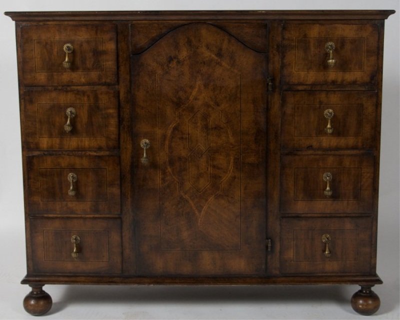 William and Mary Style Walnut Cabinet, 20th C.: William and Mary style walnut cabinet. 20th century. Rectangular case with center cupboard surrounded by eight small drawers. Height 31", width 38", depth 13 1/2".