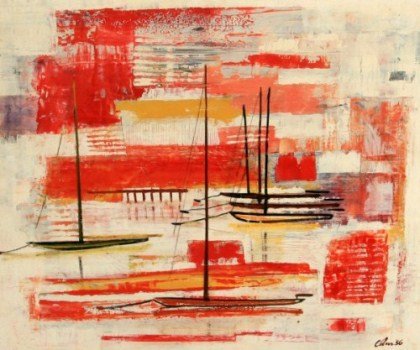 Harold Cohn (1908-1982), Abstracted Sail Boats: Harold Cohn (American, 1908-1982). Abstracted sail boats. Oil on panel. Signed lower right, dated "1956". 28" x 34".