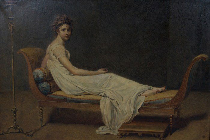 Manner of Jacques-Louis David (1748-1825), Maiden: Mann of Jacques-Louis David (French, 1748-1825). Reclining maiden. Oil on canvas. Unsigned. 32" x 45".