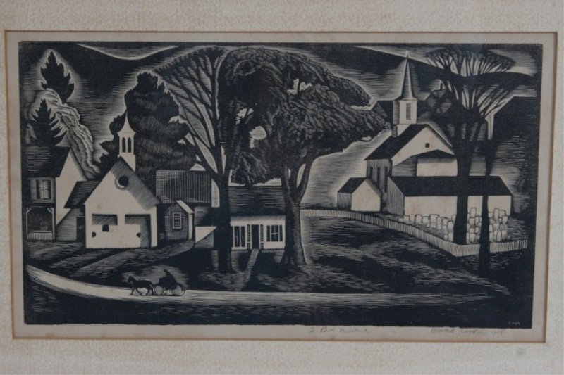 Howard Norton Cook (1901-1980), "The Village": Howard Norton Cook (American, 1901-1980). "The Village". Woodcut. Signed in plate lower right, dated "1929". Dedicated center. Plate 6 3/4" x 12 3/4".
