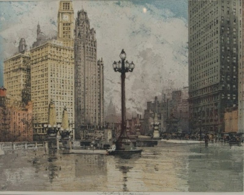 Luigi Kasimir (1881-1962), "Wacker Drive, Chicago": Luigi Kasimir (Austrian, 1881-1962). "Wacker Drive, Chicago". Color etching. Pencil signed center. 13 1/2" x 18".