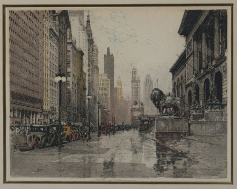 Luigi Kasimir (1881-1962), Michigan Ave., Chicago: Luigi Kasimir (Austrian, 1881-1962). Michigan, Avenue, Chicago. Color etching. Pencil signed center. 14" x 17 3/4".